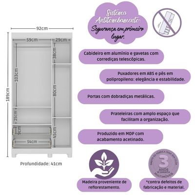Guarda-roupa Infantil 92cm 3 Portas E 2 Gavetas Allegra Multimóveis Mp4442 Branco/off White Branco/off White