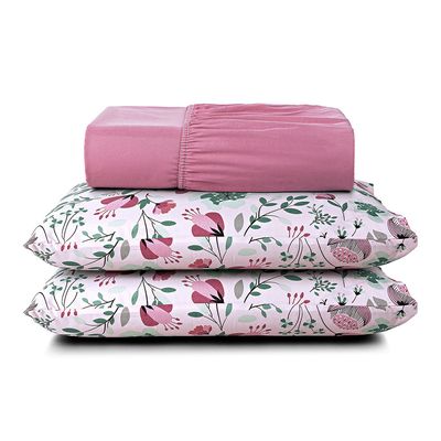 Jogo Cama Lençol Celi Queen Micropercal Estampado 200 Fios 3 Peças Bothanica Floral Rosa