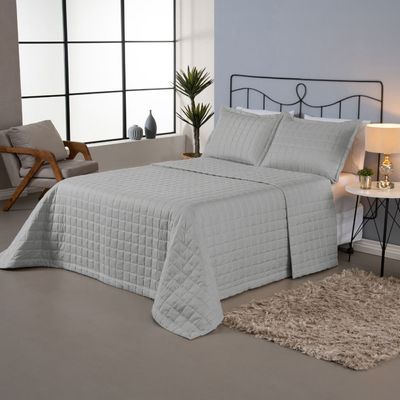 Kit Cobre Leito Colcha Dual Queen 3 Peças Matelado Dupla Face Liso - Cinza