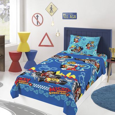 Jogo de Cama Lepper Solteiro Microfibra Estampado Mickey Aventura Rodas 03 Pçs Azul