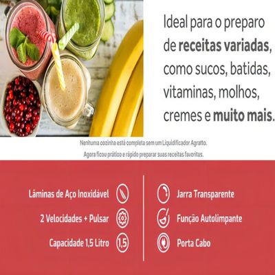 Liquidificador Agratto Forza 850w Jarra 1,5l Vermelho 127v ALIQ02N01
