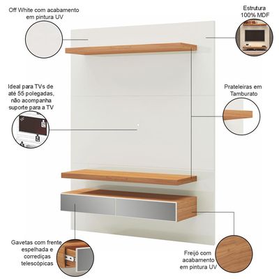 Painel Para TV 55 Pol 140cm 2 Gavetas Com Espelho Aksa D03 Off White Freijó - Lyam Decor