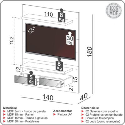 Painel Para TV 55 Pol 140cm 2 Gavetas Com Espelho Aksa D03 Off White Freijó - Lyam Decor