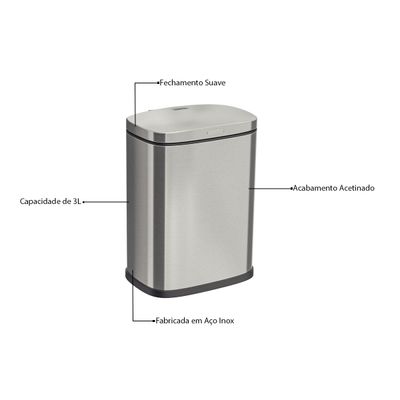 Lixeira Tipo D Aço Inox Acetinado Balde Interno 3 Litros - Tramontina 94540/007