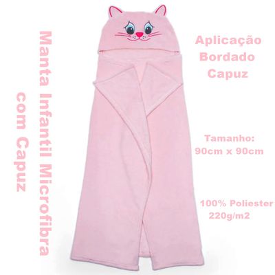 Manta com Capuz Buettner Microfibra Infantil Miau 90cmx90cm Rosa Claro