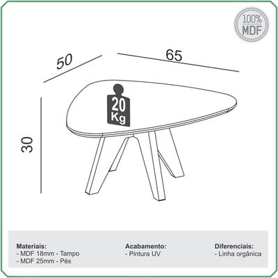 Mesa de Centro Para Sala de Estar Orgânica Baixa Selly D03 Off White Freijó - Lyam Decor
