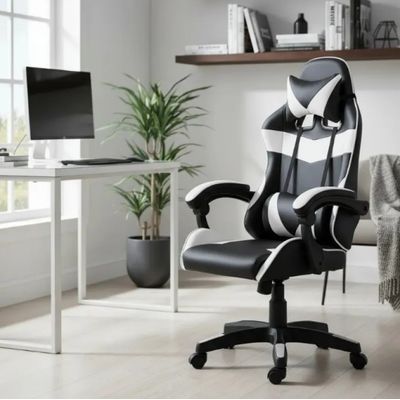 Cadeira Gamer, Design Esportivo, Reclinável, Preta e Branca