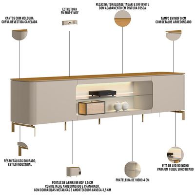Rack Para Sala de Estar TV 85 Pol Com LED Elysia L05 Tauari Off White Fosco - Lyam Decor