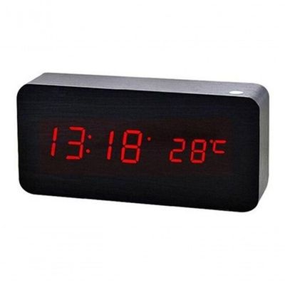 Relogio Despertador Mesa Digital Madeira Com Sound Control Preto