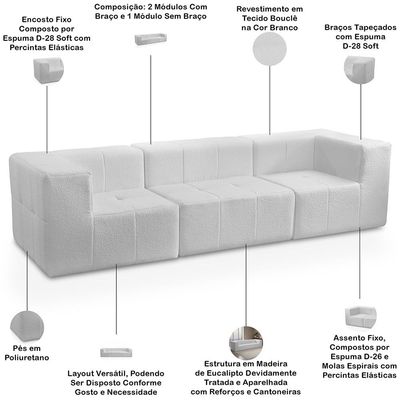 Sofá 3 Lugares Para Sala Living Modular 264cm Lancaster F04 Bouclê Branco - Lyam Decor