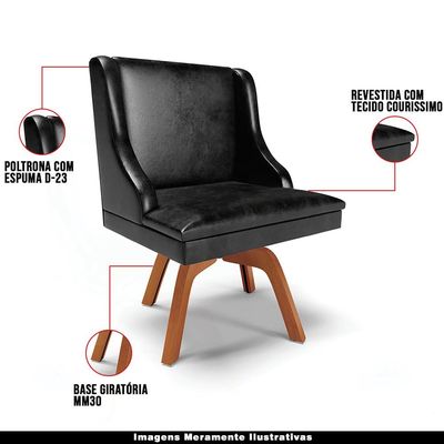 Kit 4 Cadeiras Decorativas Sala de Jantar Base Giratória de Madeira Firenze PU Preto Brilho/Natural G19 - Gran Belo
