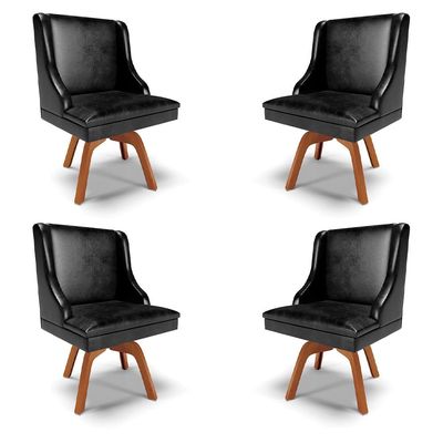 Kit 4 Cadeiras Decorativas Sala de Jantar Base Giratória de Madeira Firenze PU Preto Brilho/Natural G19 - Gran Belo