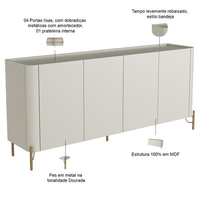 Aparador Buffet Para Sala de Jantar 4 Portas Pés Industrial Dourado Naim I03 Luna - Lyam Decor