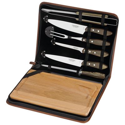 Kit para Churrasco Tramontina em Aço Inox Cabo Castanho Polywood com Tábua e Estojo 8 Peças