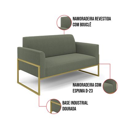 Sofá 2 Lugares Namoradeira Industrial Alta Dourado Marisa Bouclê Pistache