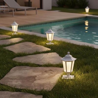 Kit 6 Balizadores Luminárias de Jardim Branco 31cm Clássico Alumínio Lente Fosca Grega Dital