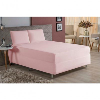 Jogo De Cama Queen Nobre 3 Peças Luva De Box 55cm De Altura Malha 100% Algodão - Rosa