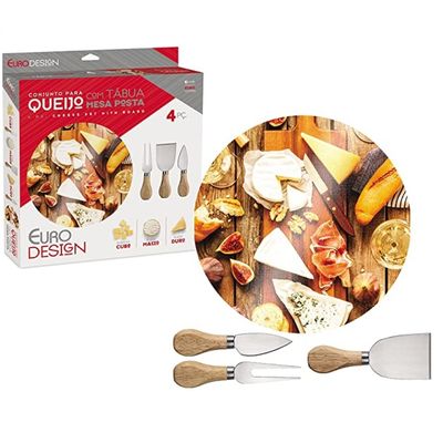 Jogo para Queijo 4 Peças Tábua Vidro Euro Petisco Mesa Posta