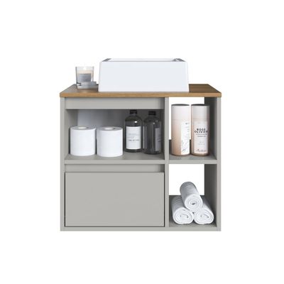 Gabinete de Banheiro Suspenso 60cm com 2 Nichos 1 Porta Basculante e 1 Gaveta BH8005 Mel/Arenas com Cuba Branca