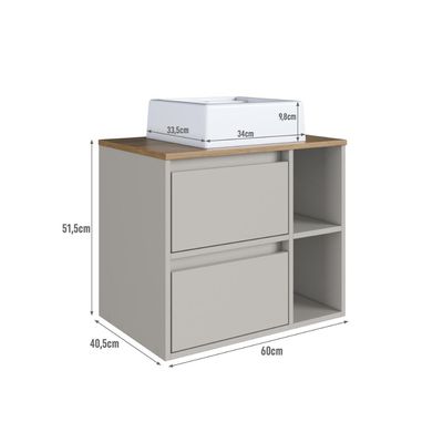 Gabinete de Banheiro Suspenso 60cm com 2 Nichos 1 Porta Basculante e 1 Gaveta BH8005 Mel/Arenas com Cuba Branca