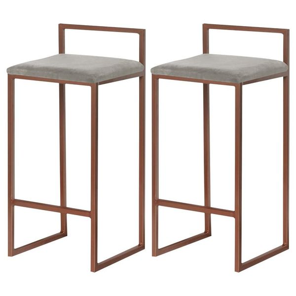 Kit 2 Banqueta Decorativa Selena Base Bronze Veludo Cinza - Gran Belo