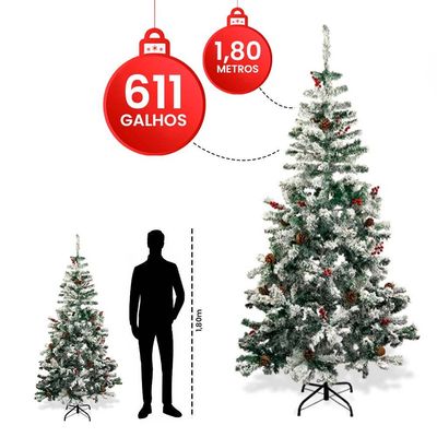 Árvore Natal Verde 611 Galhos Nevados Realista 1,8 Altura
