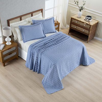 Kit Colcha Cobre Leito Plissê King Seersucker Premium 3 Peças Maciez e Leveza com Textura 3D Azul Mineral