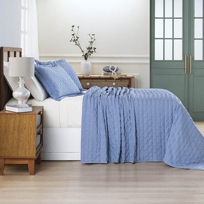 Kit Colcha Cobre Leito Plissê King Seersucker Premium 3 Peças Maciez e Leveza com Textura 3D Azul Mineral