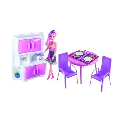 Kit Cozinha Infantil Rosa com Boneca Cadeira Mesa Armário