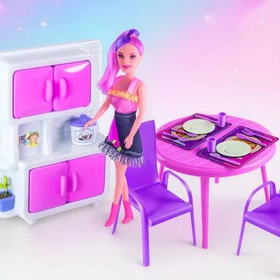 Kit Cozinha Infantil Rosa com Boneca Cadeira Mesa Armário