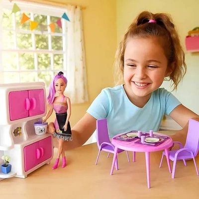 Kit Cozinha Infantil Rosa com Boneca Cadeira Mesa Armário