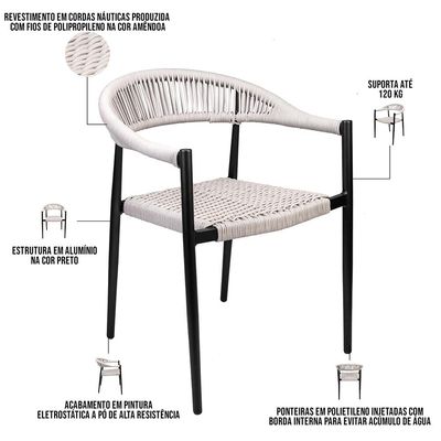 Kit 02 Cadeiras Decorativas Área Gourmet Base Preto Corda Náutica Nevada R01 Amêndoa - Lyam Decor