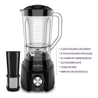 Liquidificador Portátil Britânia Turbo 2.6L Preto 110V Blq970