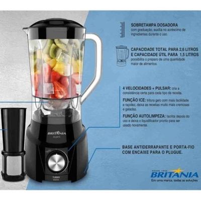 Liquidificador Portátil Britânia Turbo 2.6L Preto 110V Blq970