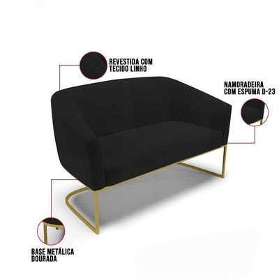 Sofá Namoradeira E Poltrona Base Industrial Dourado Stella Linho Preto A79 D03 - D'rossi