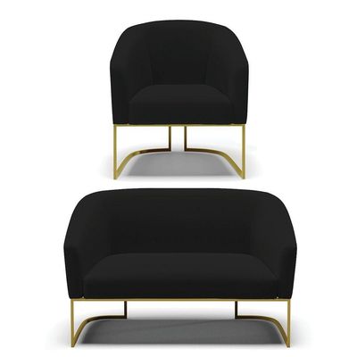 Sofá Namoradeira E Poltrona Base Industrial Dourado Stella Linho Preto A79 D03 - D'rossi