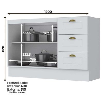 Balcão para Pia 120 cm 2 Portas 3 Gavetas Americana C353 Henn Branco
