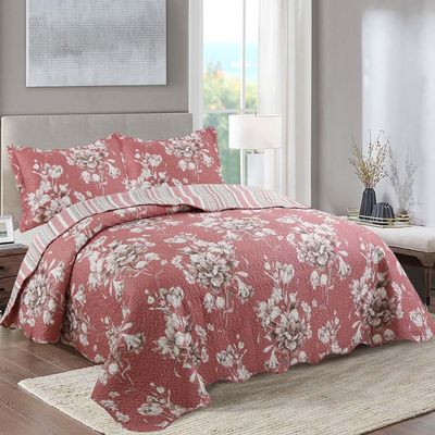 Kit Cobre Leito Colcha Mix Casal Padrão Estampado Dupla Face Floral 3 Peças - Isa - Vermelho