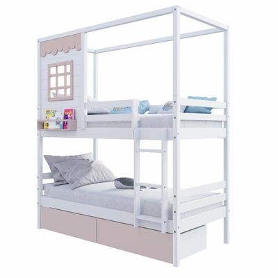 Beliche Casinha Reta 02 Gavetas Rosa Madeira Maciça Branco/ Rosa Housin