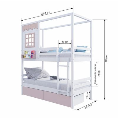 Beliche Casinha Reta 02 Gavetas Rosa Madeira Maciça Branco/ Rosa Housin
