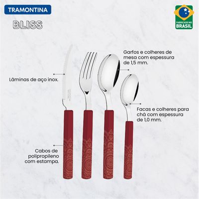 Faqueiro Tramontina Bliss com Lâminas em Aço Inox e Cabos de Polipropileno Carmim 16 Peças