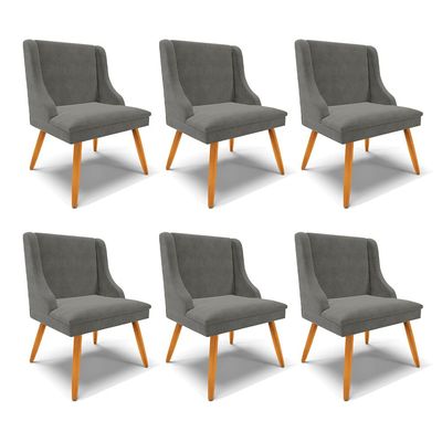 Kit 6 Cadeiras Decorativas Sala de Jantar Pés Palito de Madeira Firenze Suede Grafite/Natural G19 - Gran Belo