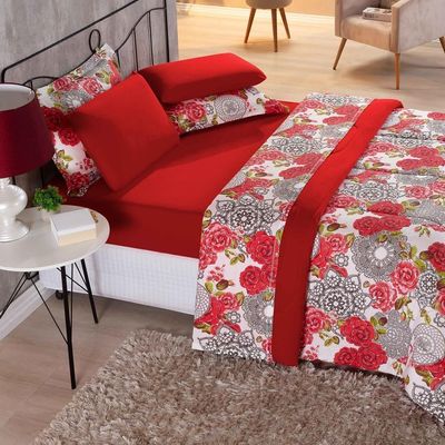 Edredom Malha 100% Algodão Primavera 1 Peça Queen - Floral Vermelho