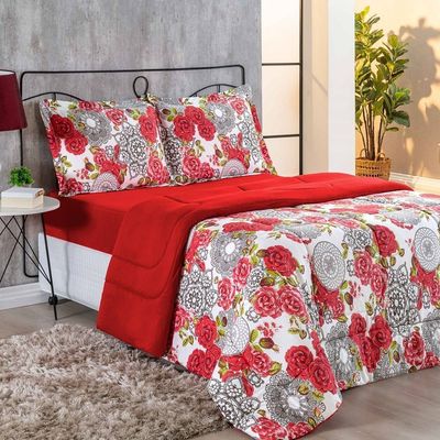 Edredom Malha 100% Algodão Primavera 1 Peça Queen - Floral Vermelho