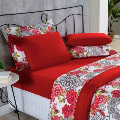 Edredom Malha 100% Algodão Primavera 1 Peça Queen - Floral Vermelho
