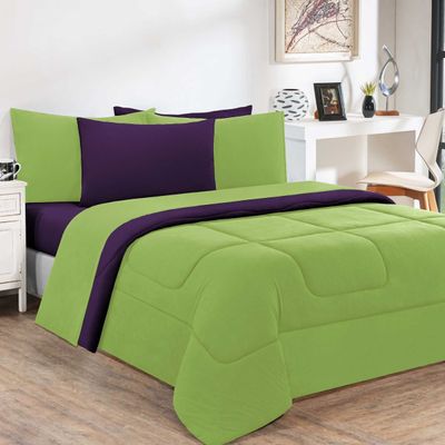 Kit Edredom Malha 100% Algodão Gran Moratta 3 Peças Queen - Verde Pistache/Roxo