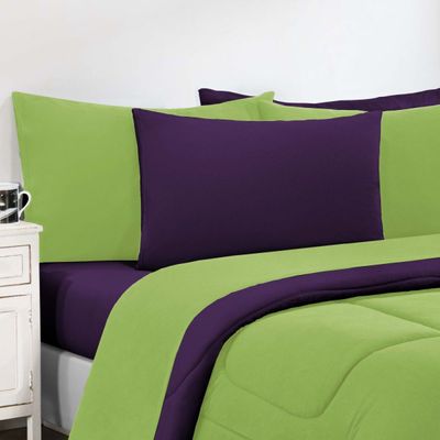 Kit Edredom Malha 100% Algodão Gran Moratta 3 Peças Queen - Verde Pistache/Roxo