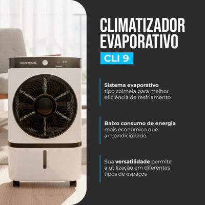 Climatizador Evaporativo Cli09 Ventisol 9 L Gelo Filtro Colmeia Portátil Silencioso 65w Residencial e Comercial 110V