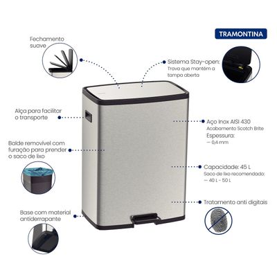 LIXEIRA TRAMONTINA OCTO EM AÇO INOX COM BALDE REMOVÍVEL E PEDAL 45L 94544/445