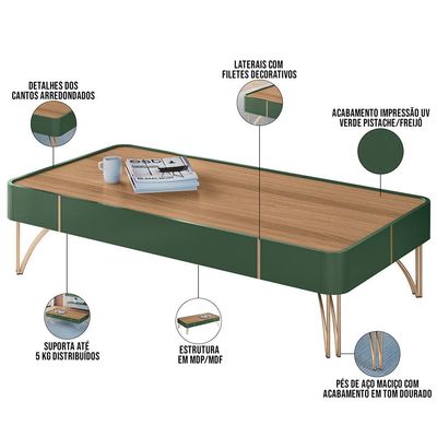 Mesa de Centro Decorativa Sala de Estar Harmony B01 Verde Pistache Freijó - Lyam Decor
